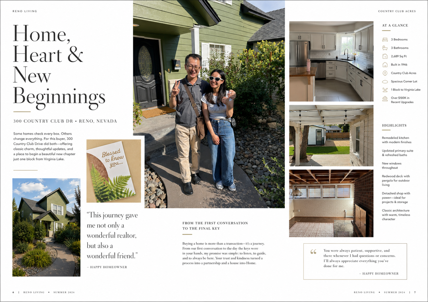 Reno Living editorial spread featuring the homeowner story, MingChi Huang with the buyer, the kitchen, backyard, and home highlights