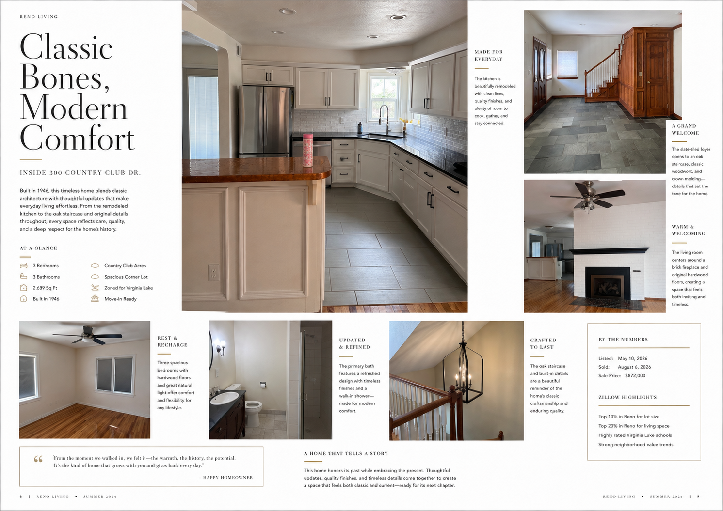 Reno Living editorial spread featuring the remodeled kitchen, foyer, fireplace, bedroom, bath, staircase, and transaction highlights