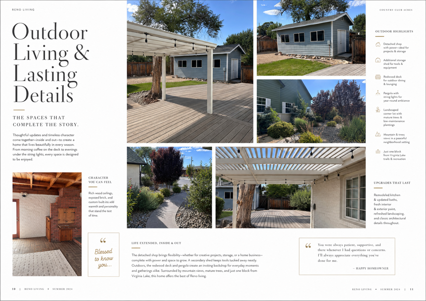 Reno Living editorial spread featuring the redwood deck, pergola, detached shop, garden, and outdoor living spaces